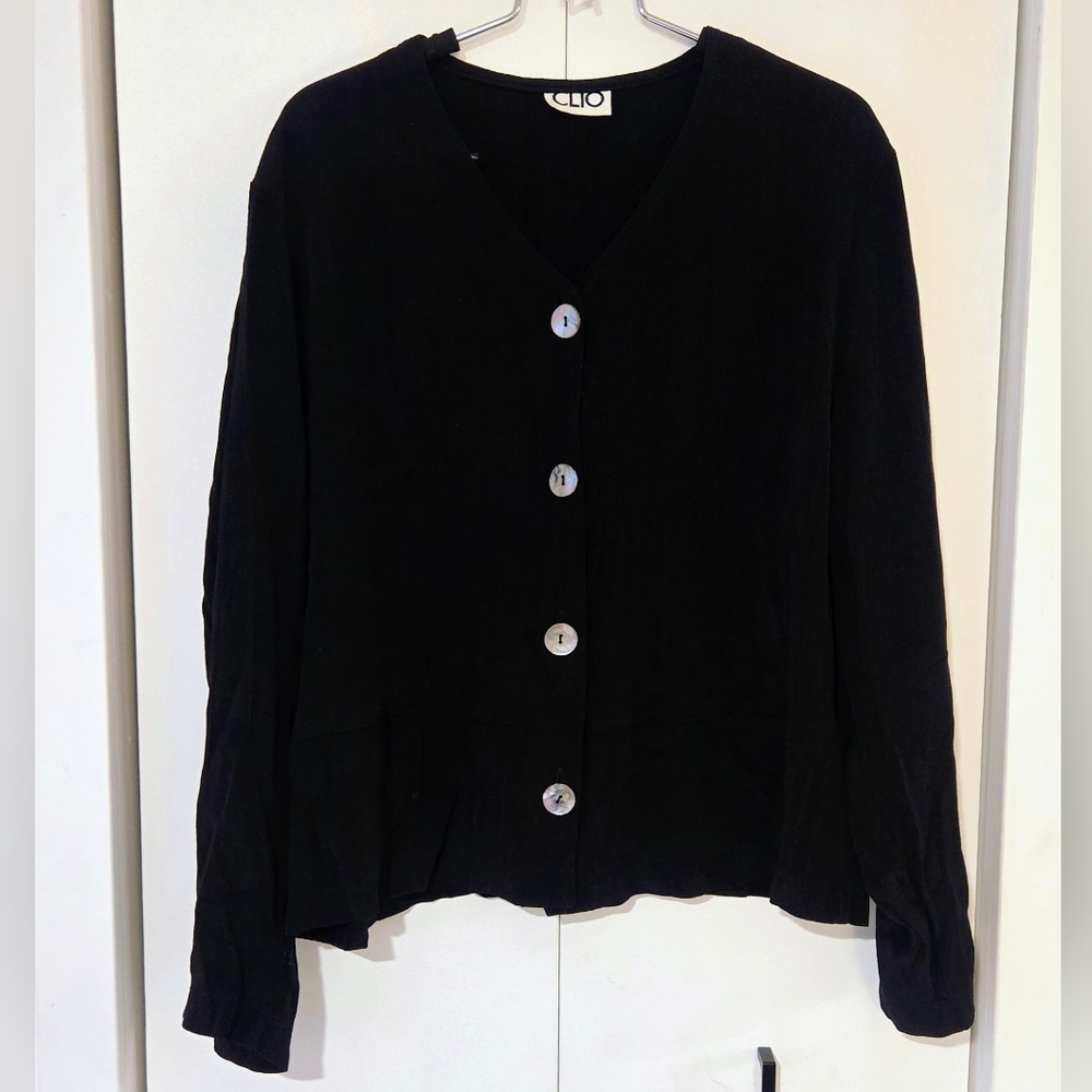 Vintage CLIO Black Button-Down Shirt Abalone Buttons